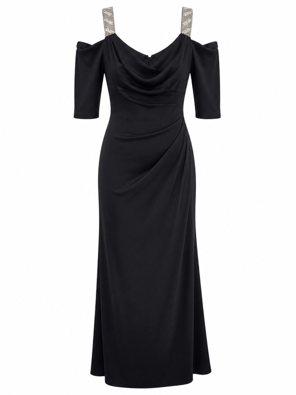 R&M Richards Black Off-Shoulder Maxi Dress with Beaded Straps